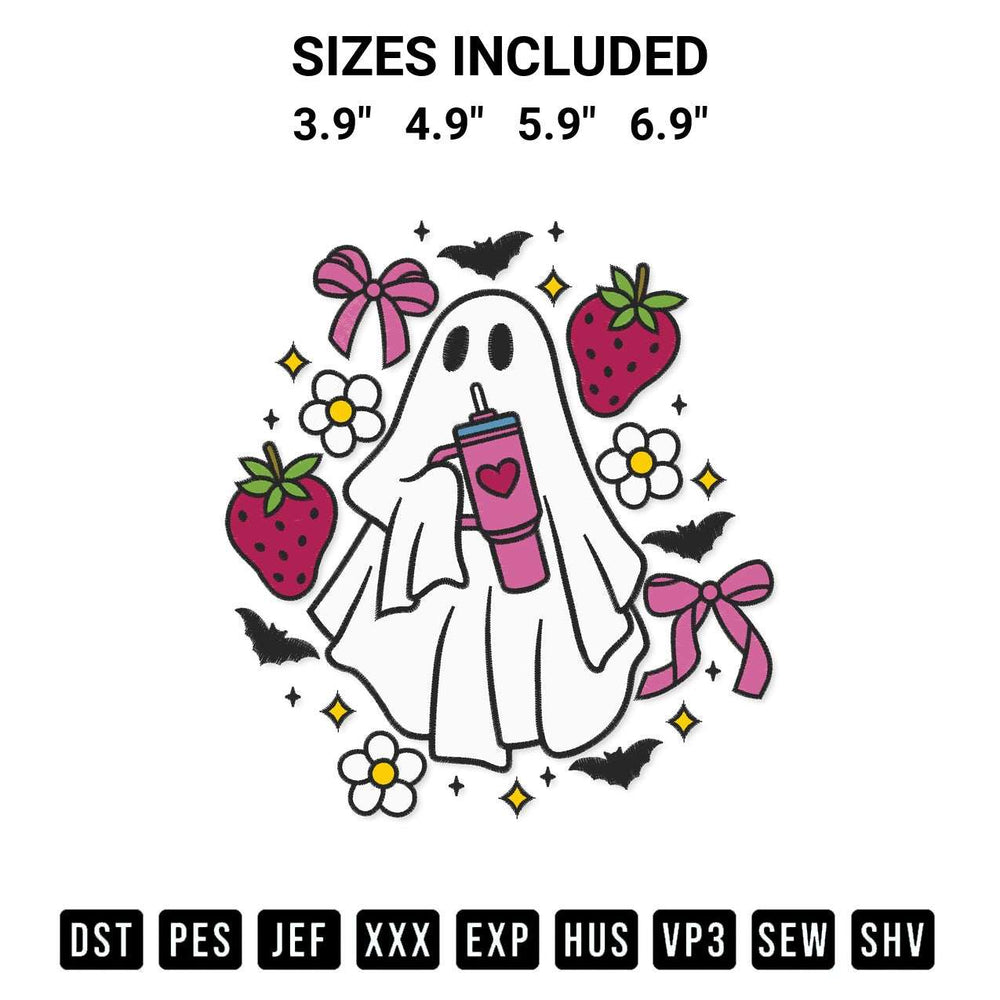 Shop the Strawberry Ghost Coquette Halloween Embroidery Design machine embroidery pattern at Designspacks.com. Beautifully digitized for flawless stitching on any fabric. Available sizes: 3.9", 4.9", 5.9", 6.9".