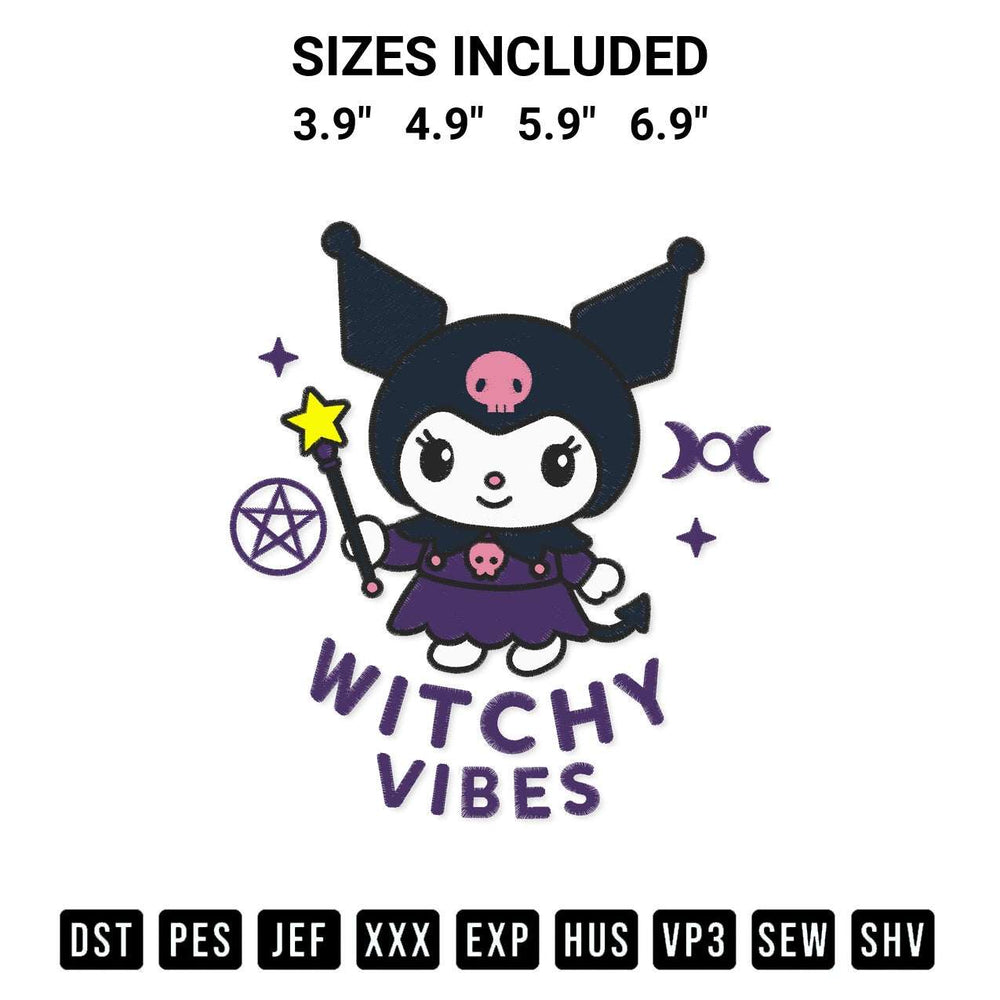 Add a unique touch to your apparel with the Kuromi Witchy Vibes Embroidery Design embroidery file. Premium instant download available now on Designspacks.com. Available sizes: 3.9", 4.9", 5.9", 6.9".