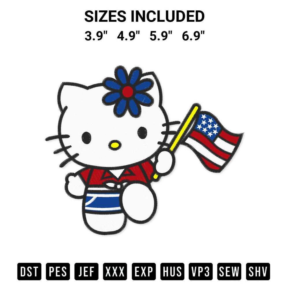Elevate your next project with our Hello Kitty American Flag Embroidery Design embroidery file. Shop high-quality digital patterns instantly at Designspacks.com. Available sizes: 3.9", 4.9", 5.9", 6.9".