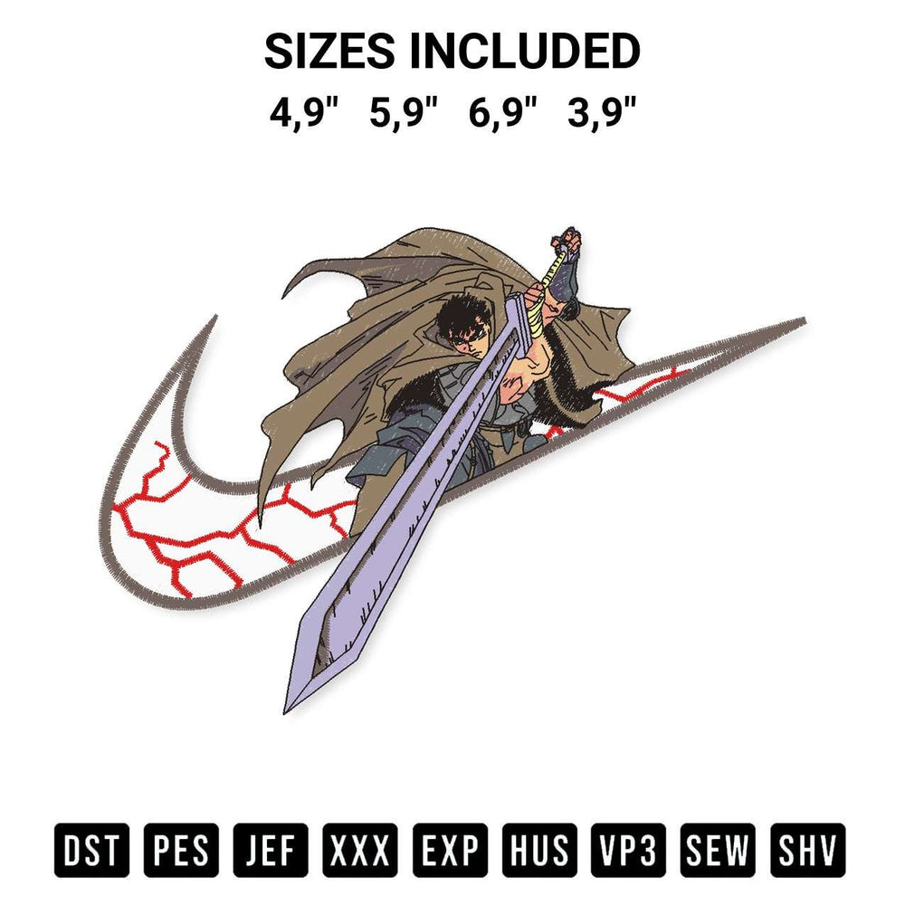 Transform your fabrics with the Nike Guts Berserk Logo Embroidery Design embroidery design. Instant access to premium digitized patterns at Designspacks.com. Available sizes: 4,9", 5,9", 6,9", 3,9".