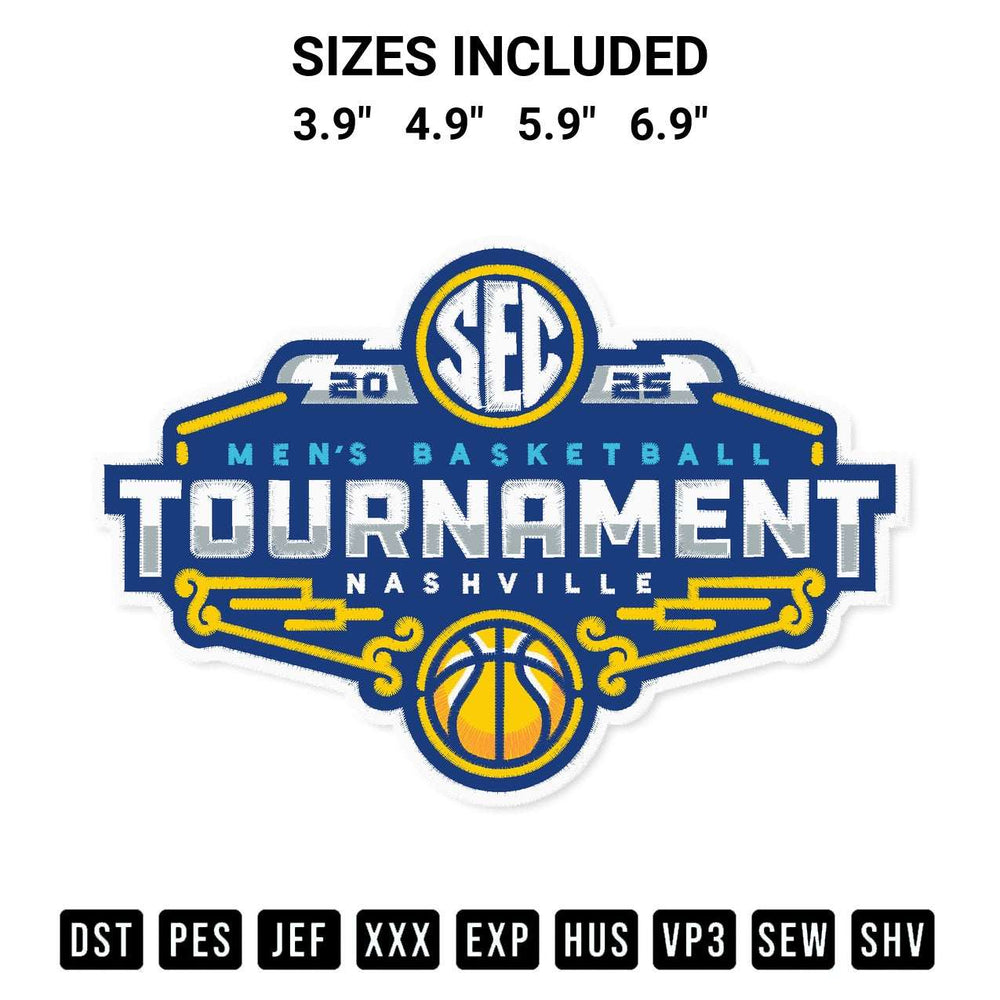 Create amazing crafts with the 2025 Sec Mens Basketball Tournament Embroidery Design embroidery file. High-quality digital download from Designspacks.com, perfect for beginners and pros. Available sizes: 3.9", 4.9", 5.9", 6.9".