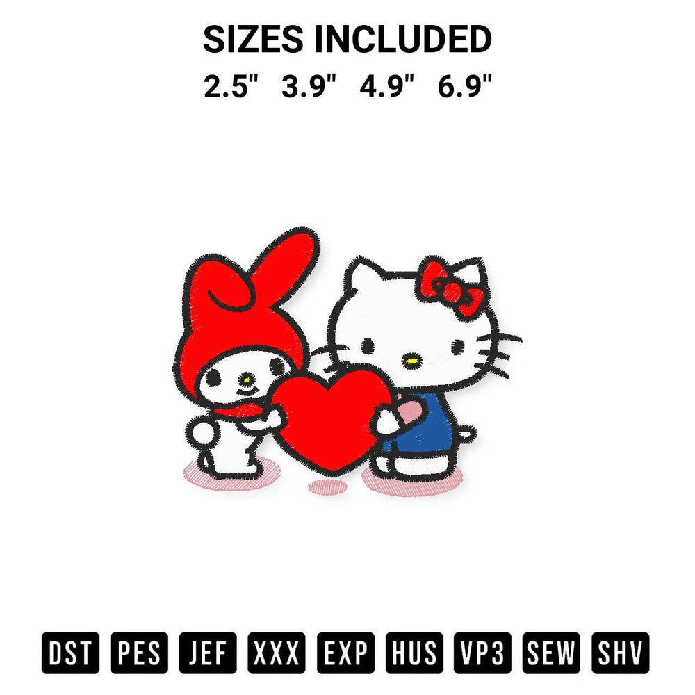 Stitch like a pro with the My Melody And Hello Kitty Hugging Heart Embroidery Design embroidery pattern from Designspacks.com. High-quality digital machine embroidery file. Available sizes: 2.5", 3.9", 4.9", 6.9".