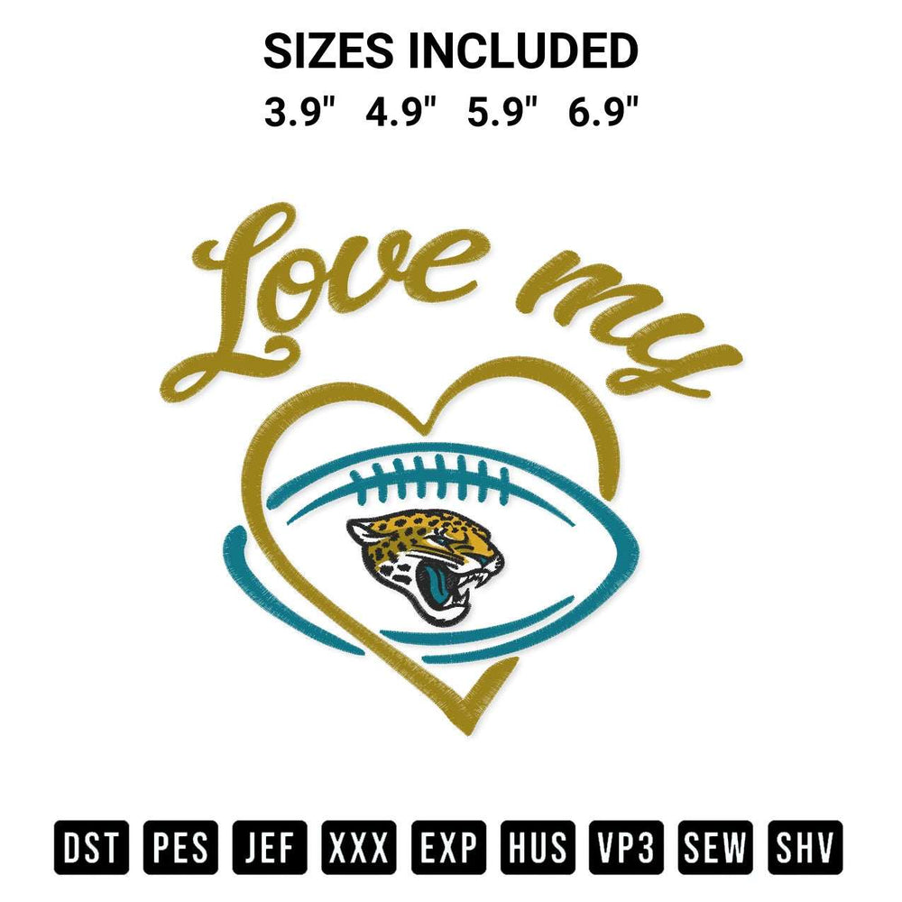 Transform your fabrics with the Love My Jacksonville Jaguars Embroidery Design embroidery design. Instant access to premium digitized patterns at Designspacks.com. Available sizes: 3.9", 4.9", 5.9", 6.9".