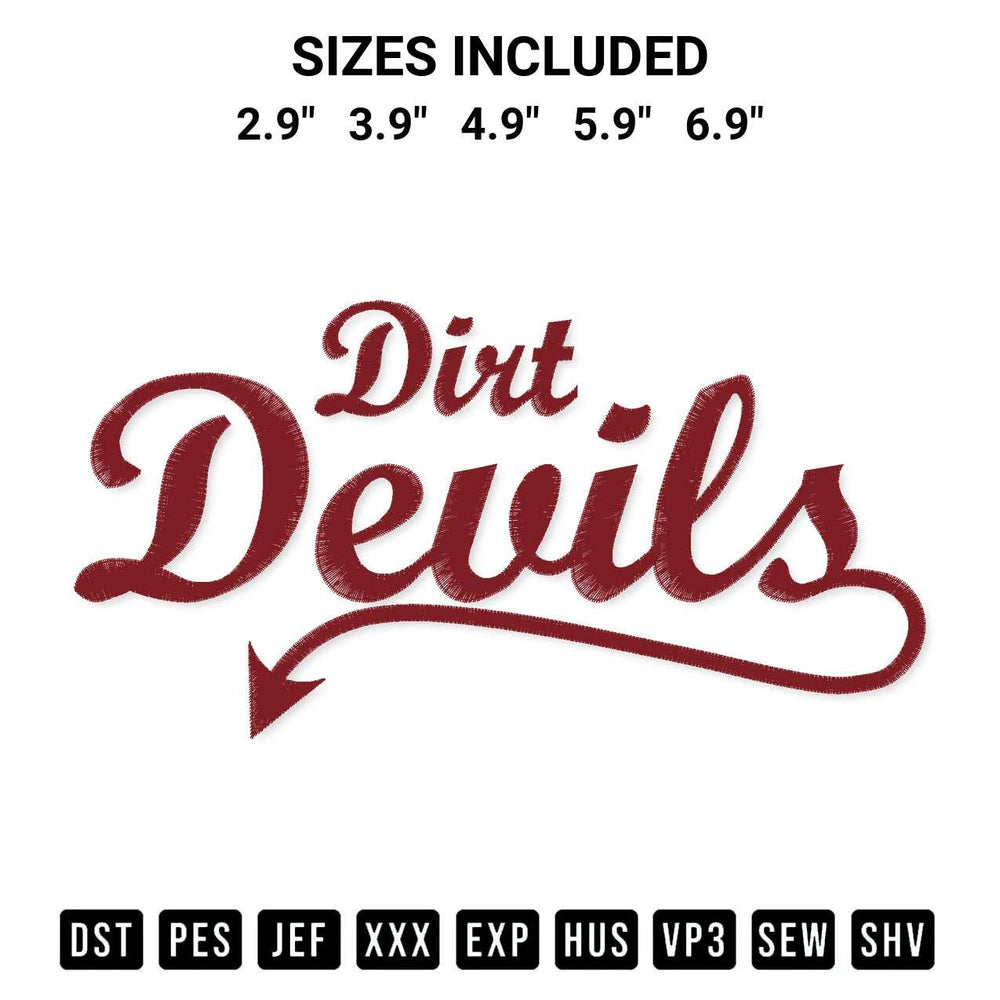 Create amazing crafts with the Dirt Devils Embroidery Design embroidery file. High-quality digital download from Designspacks.com, perfect for beginners and pros. Available sizes: 2.9", 3.9", 4.9", 5.9", 6.9".