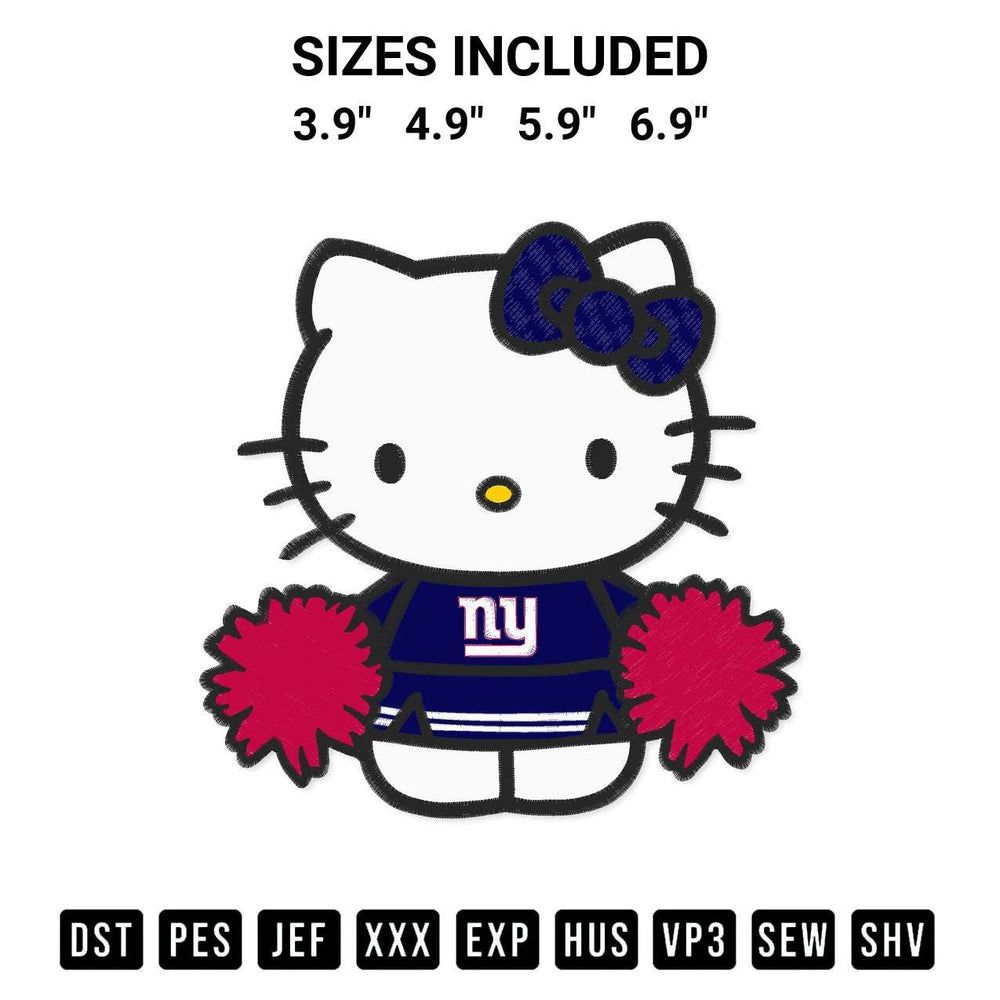 Elevate your next project with our New York Giants Hello Kitty Cheerleader Embroidery Design embroidery file. Shop high-quality digital patterns instantly at Designspacks.com. Available sizes: 3.9", 4.9", 5.9", 6.9".