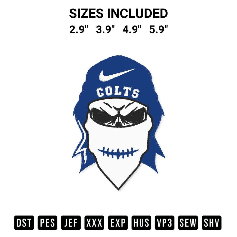 Create amazing crafts with the Colts Skull Mascot Football Embroidery Design embroidery file. High-quality digital download from Designspacks.com, perfect for beginners and pros. Available sizes: 2.9", 3.9", 4.9", 5.9".