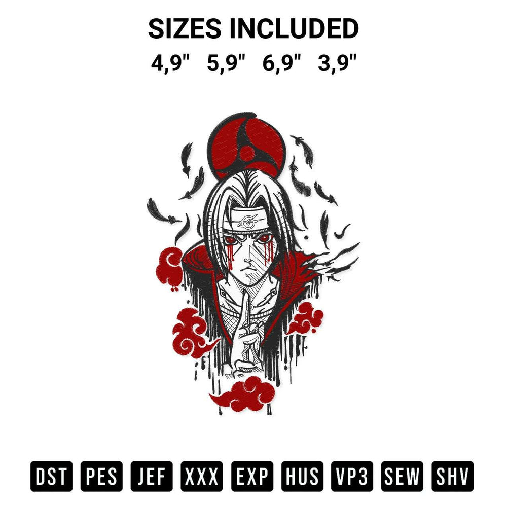 Shop the Uchiha Itachi Logo Embroidery Design machine embroidery pattern at Designspacks.com. Beautifully digitized for flawless stitching on any fabric. Available sizes: 4,9", 5,9", 6,9", 3,9".