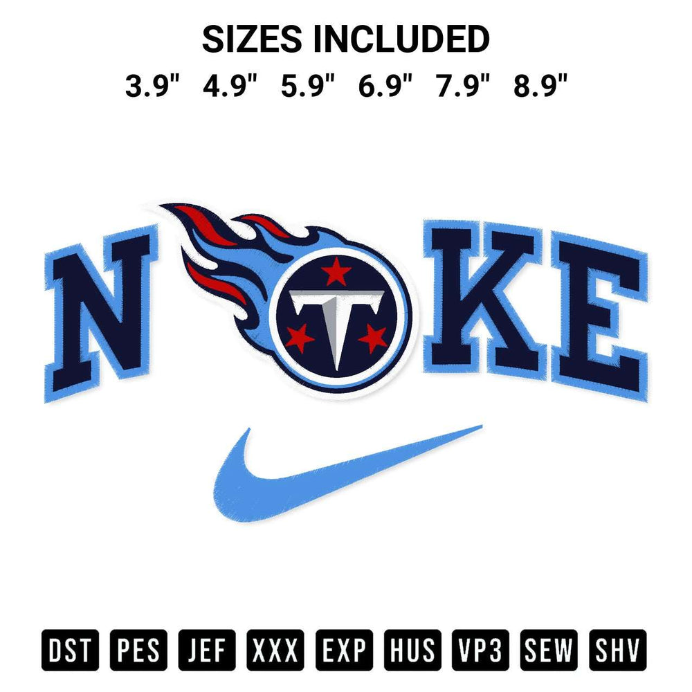 Add a unique touch to your apparel with the Tennessee Titans X Nike Embroidery Design embroidery file. Premium instant download available now on Designspacks.com. Available sizes: 3.9", 4.9", 5.9", 6.9", 7.9", 8.9".