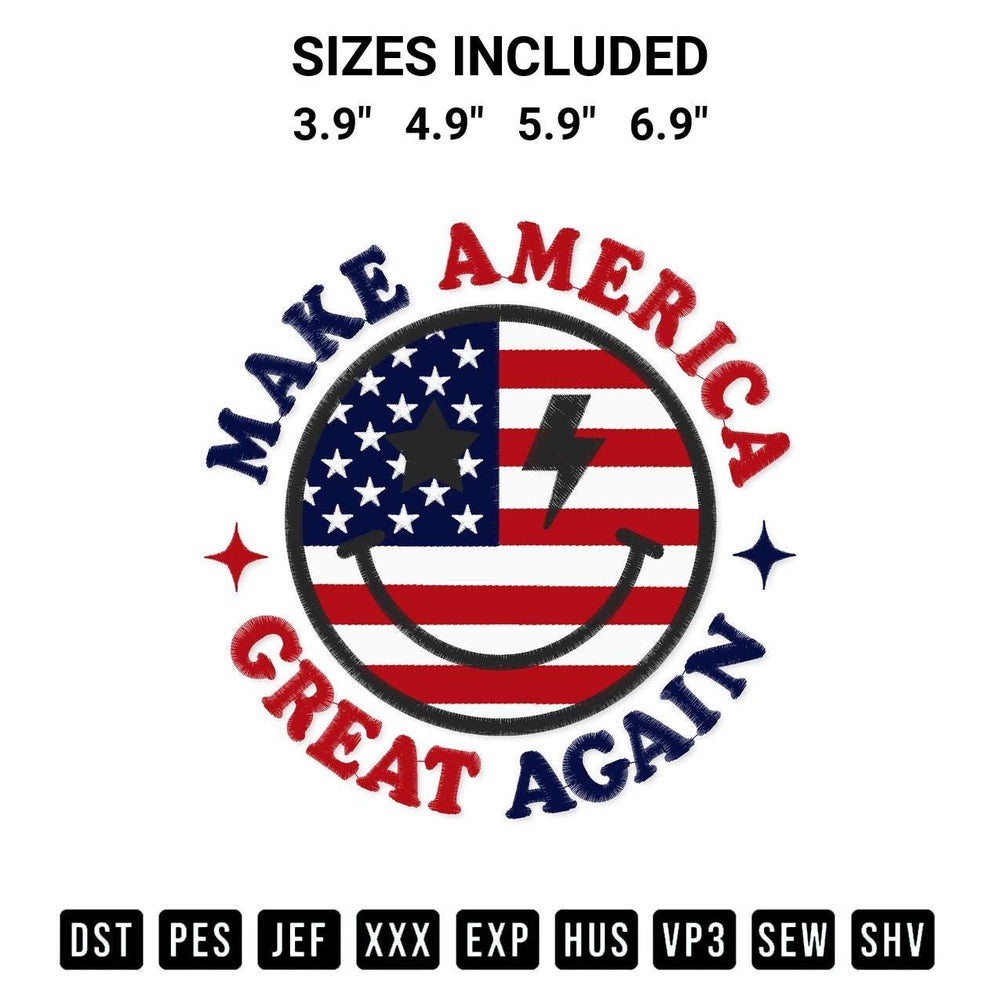 Looking for the perfect pattern? Download the Make America Great Again Smile Embroidery Design embroidery design today at Designspacks.com. Crisp, clean stitching guaranteed. Available sizes: 3.9", 4.9", 5.9", 6.9".