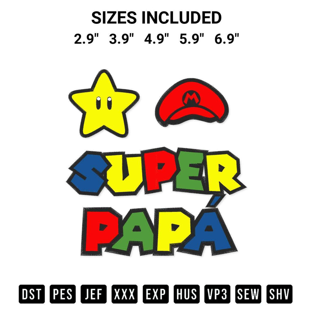 Add a unique touch to your apparel with the Super Papa Embroidery Design embroidery file. Premium instant download available now on Designspacks.com. Available sizes: 2.9", 3.9", 4.9", 5.9", 6.9".