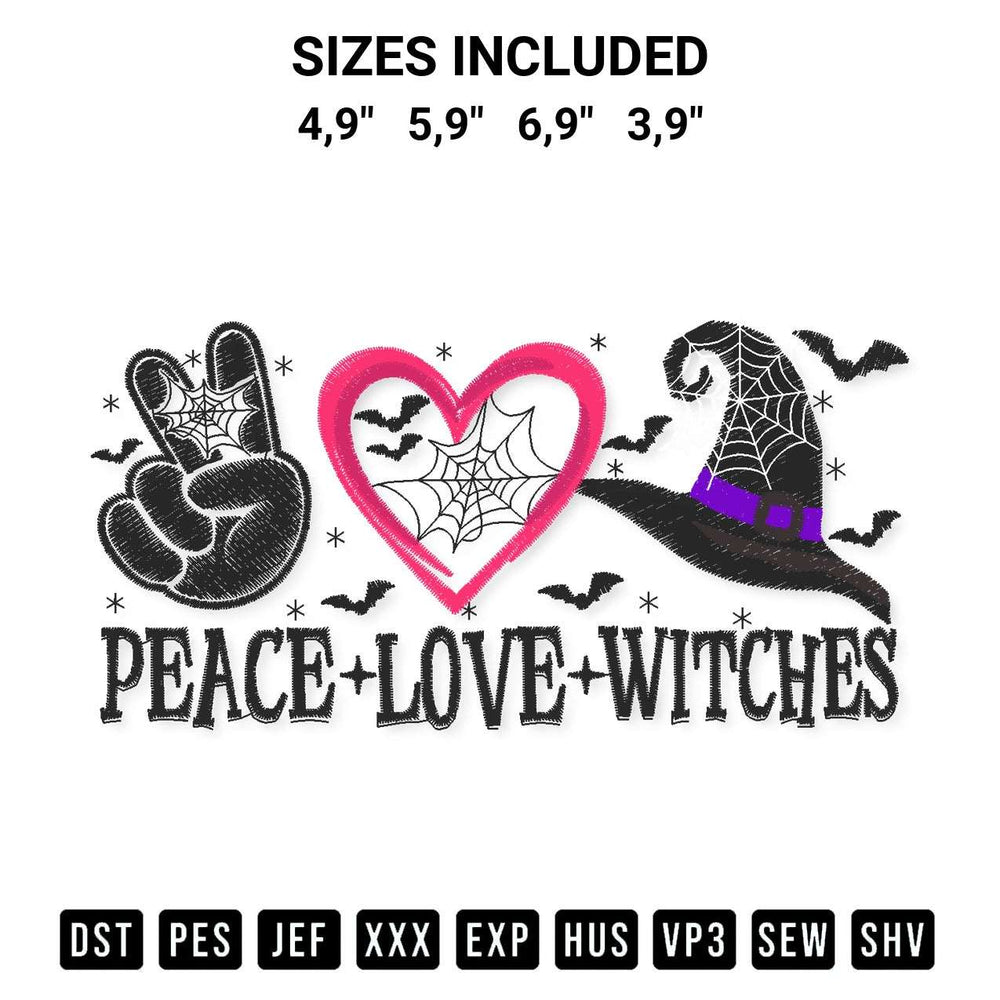 Looking for the perfect pattern? Download the Peace Love Witches Halloween Cute Witches Spooky Season Logo Embroidery Design embroidery design today at Designspacks.com. Crisp, clean stitching guaranteed. Available sizes: 4,9", 5,9", 6,9", 3,9".