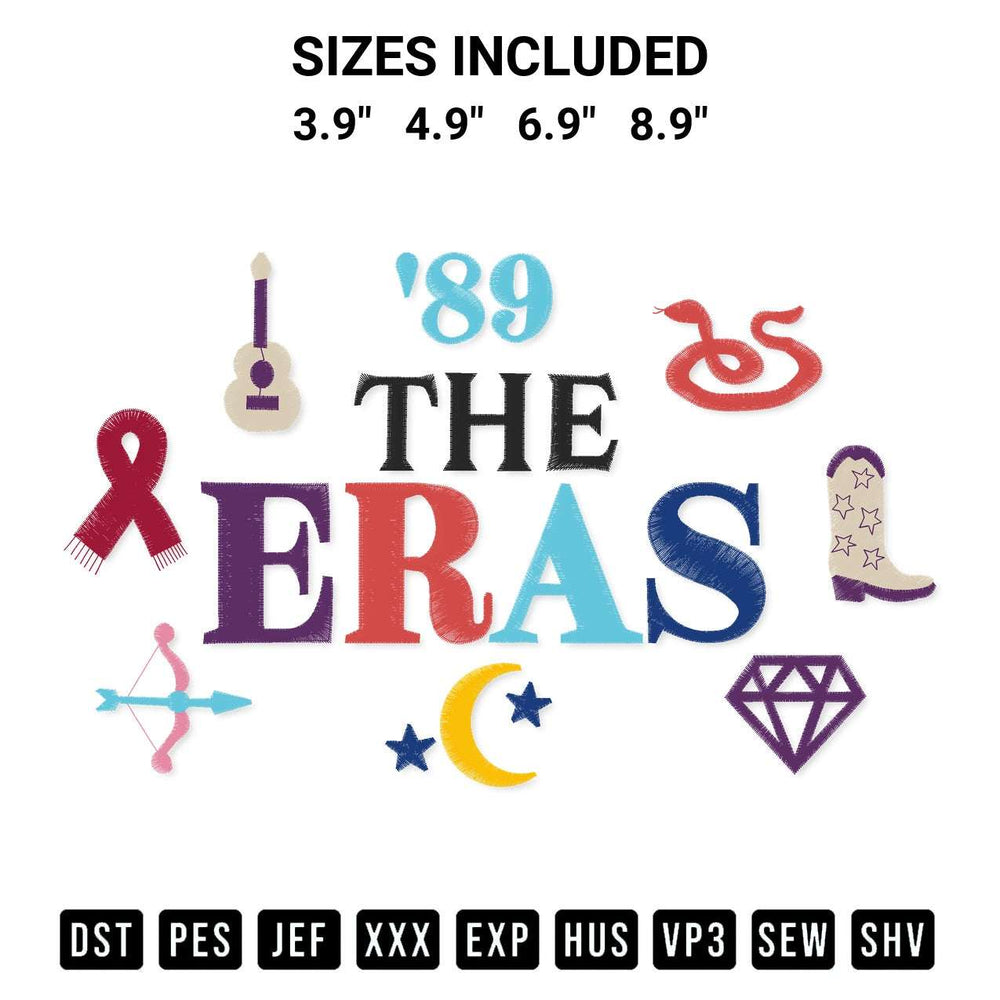 Discover the perfect addition to your crafting collection: The Eras Embroidery Design embroidery file. Instantly available at Designspacks.com. Available sizes: 3.9", 4.9", 6.9", 8.9".