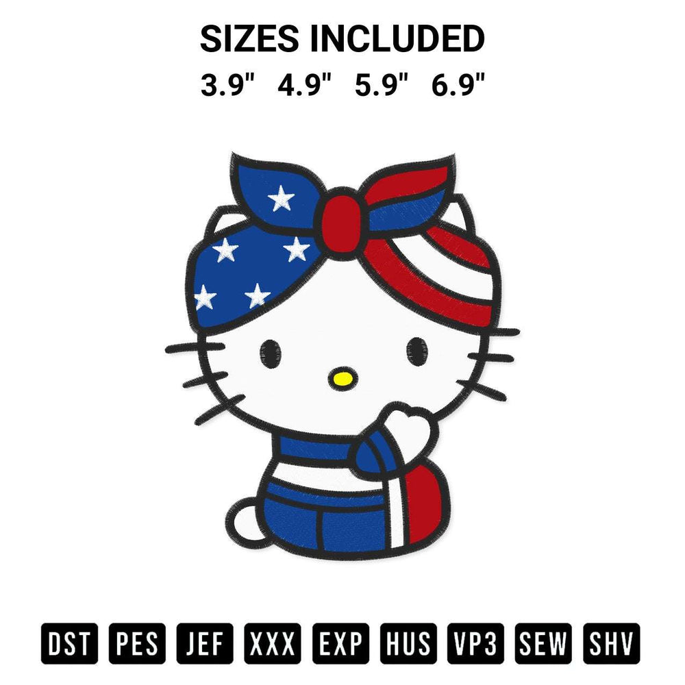 Discover the perfect addition to your crafting collection: Patriotic Hello Kitty American Embroidery Design embroidery file. Instantly available at Designspacks.com. Available sizes: 3.9", 4.9", 5.9", 6.9".