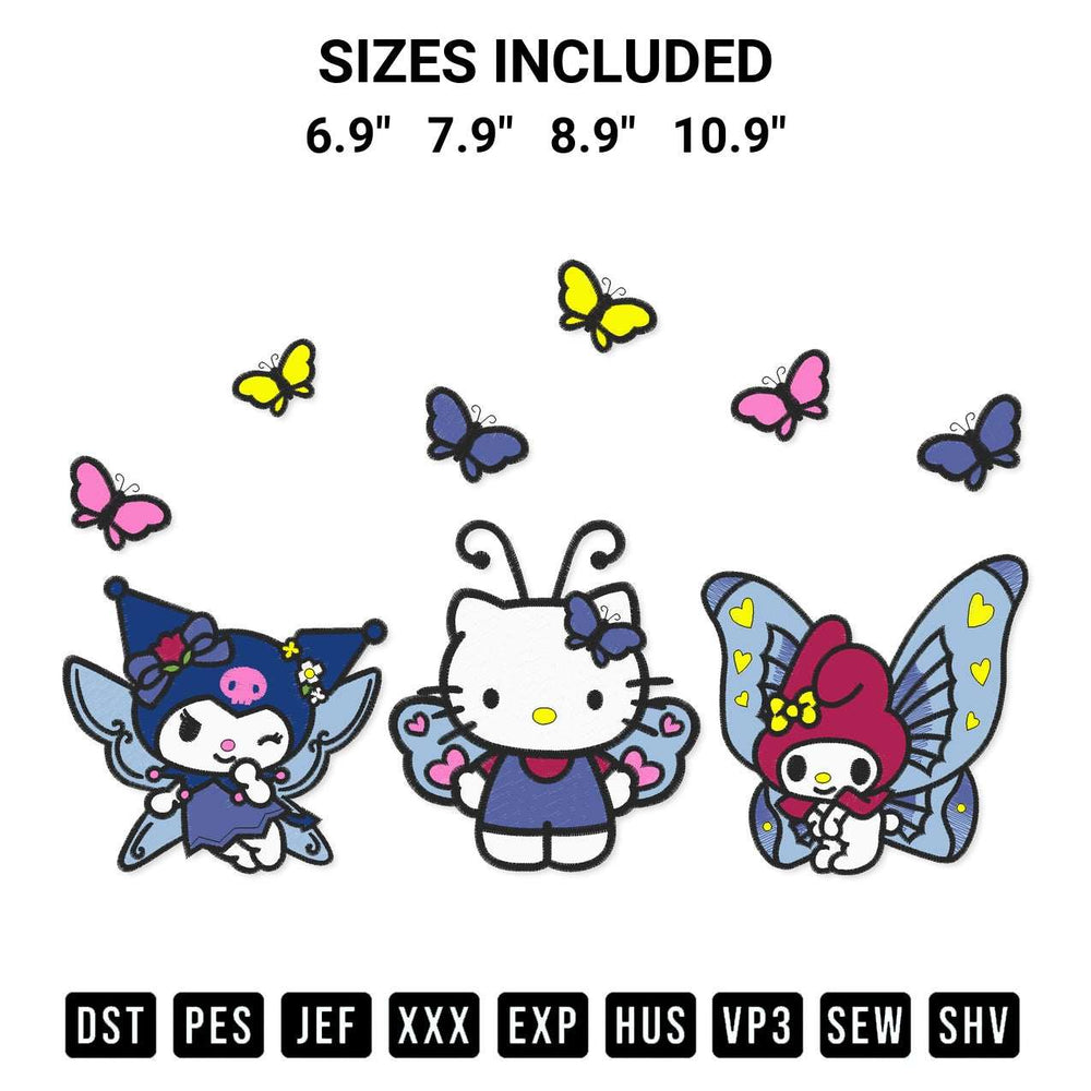 Discover the perfect addition to your crafting collection: Butterfly Hello Kitty And Friends Embroidery Design embroidery file. Instantly available at Designspacks.com. Available sizes: 6.9", 7.9", 8.9", 10.9".