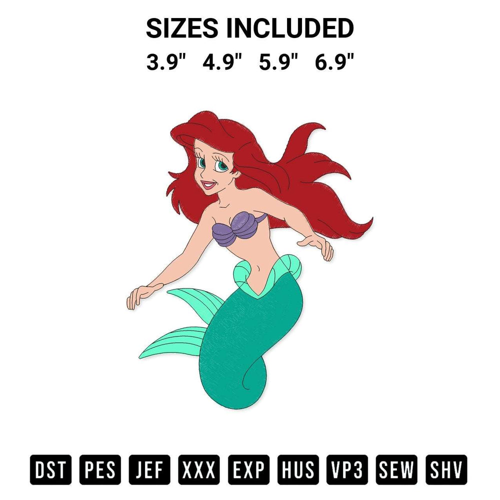 Stitch like a pro with the Mermaid Ariel Embroidery Design embroidery pattern from Designspacks.com. High-quality digital machine embroidery file. Available sizes: 3.9", 4.9", 5.9", 6.9".