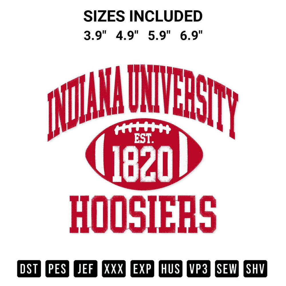 Elevate your next project with our Indiana University Hoosiers Est 1820 Embroidery Design embroidery file. Shop high-quality digital patterns instantly at Designspacks.com. Available sizes: 3.9", 4.9", 5.9", 6.9".