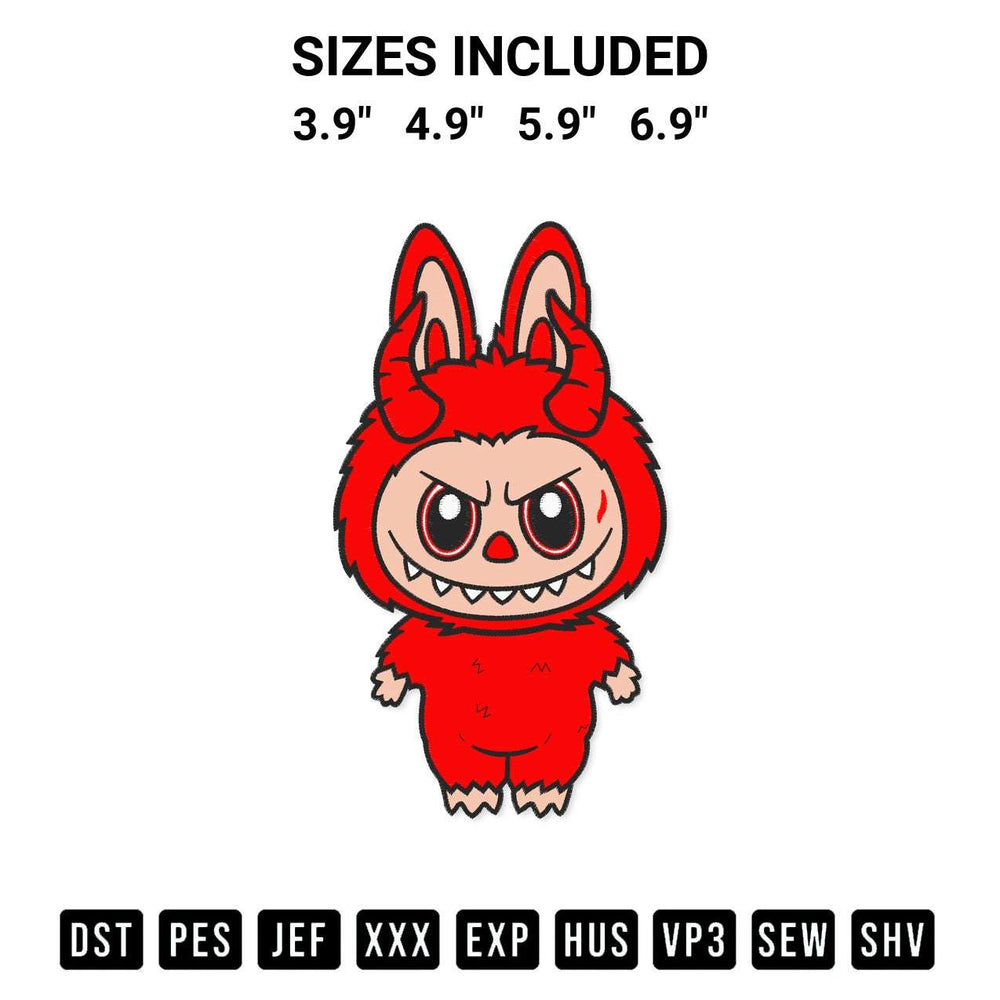 Transform your fabrics with the Red Demon Labubu Embroidery Design embroidery design. Instant access to premium digitized patterns at Designspacks.com. Available sizes: 3.9", 4.9", 5.9", 6.9".