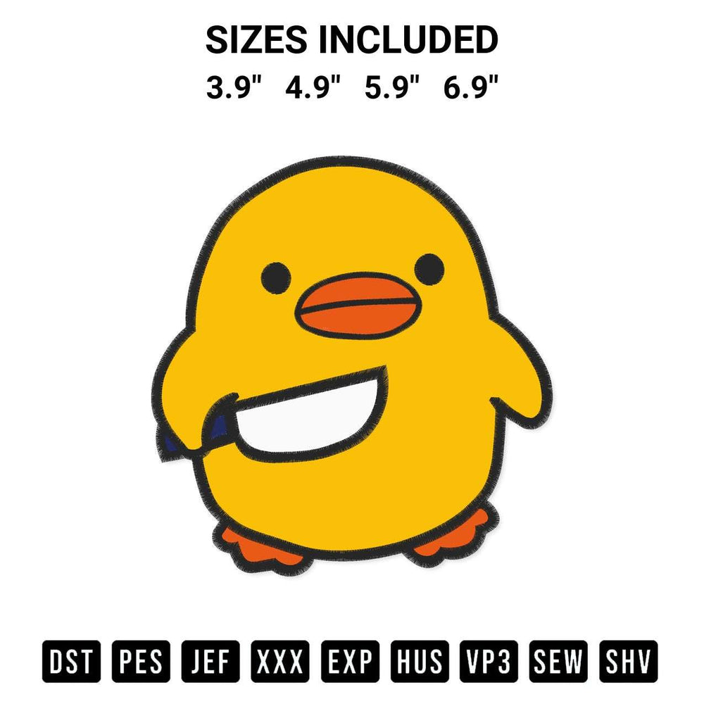 Discover the perfect addition to your crafting collection: Duck With Knife Funny Embroidery Design embroidery file. Instantly available at Designspacks.com. Available sizes: 3.9", 4.9", 5.9", 6.9".