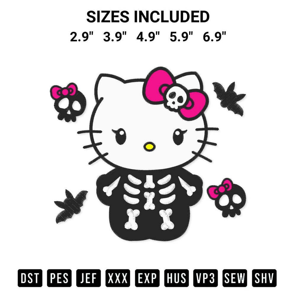 Add a unique touch to your apparel with the Hello Kitty Skeleton Embroidery Design embroidery file. Premium instant download available now on Designspacks.com. Available sizes: 2.9", 3.9", 4.9", 5.9", 6.9".