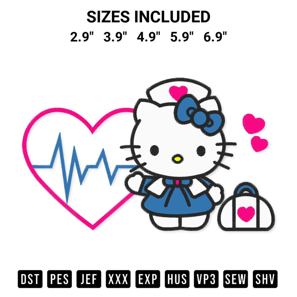 Add a unique touch to your apparel with the Hello Kitty Nurse Embroidery Design embroidery file. Premium instant download available now on Designspacks.com. Available sizes: 2.9", 3.9", 4.9", 5.9", 6.9".