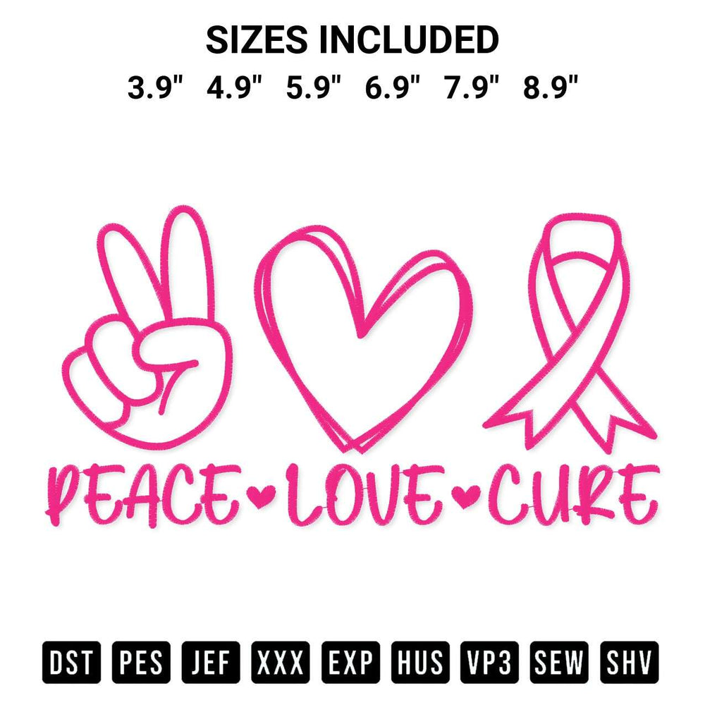 Download the Peace Love Cure Pink Embroidery Design machine embroidery design exclusively at Designspacks.com. Premium digitized pattern for apparel and DIY crafts. Available sizes: 3.9", 4.9", 5.9", 6.9", 7.9", 8.9".