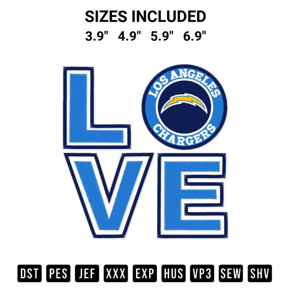 Transform your fabrics with the Love Los Angeles Chargers Embroidery Design embroidery design. Instant access to premium digitized patterns at Designspacks.com. Available sizes: 3.9", 4.9", 5.9", 6.9".
