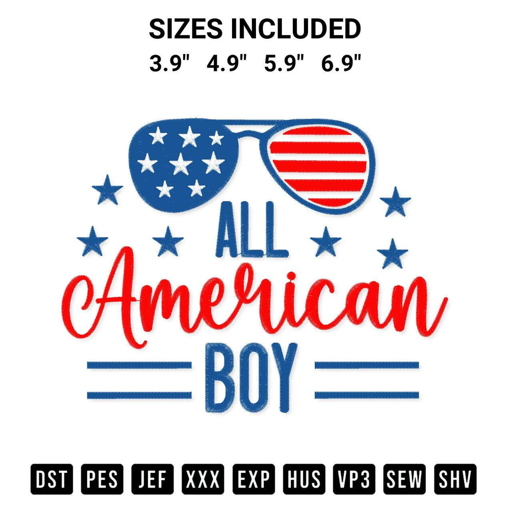 Stitch like a pro with the All American Boy Embroidery Design embroidery pattern from Designspacks.com. High-quality digital machine embroidery file. Available sizes: 3.9", 4.9", 5.9", 6.9".