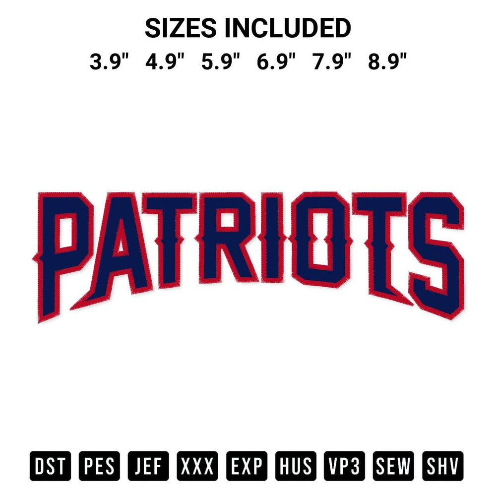 Add a unique touch to your apparel with the Patriots Embroidery Design embroidery file. Premium instant download available now on Designspacks.com. Available sizes: 3.9", 4.9", 5.9", 6.9", 7.9", 8.9".