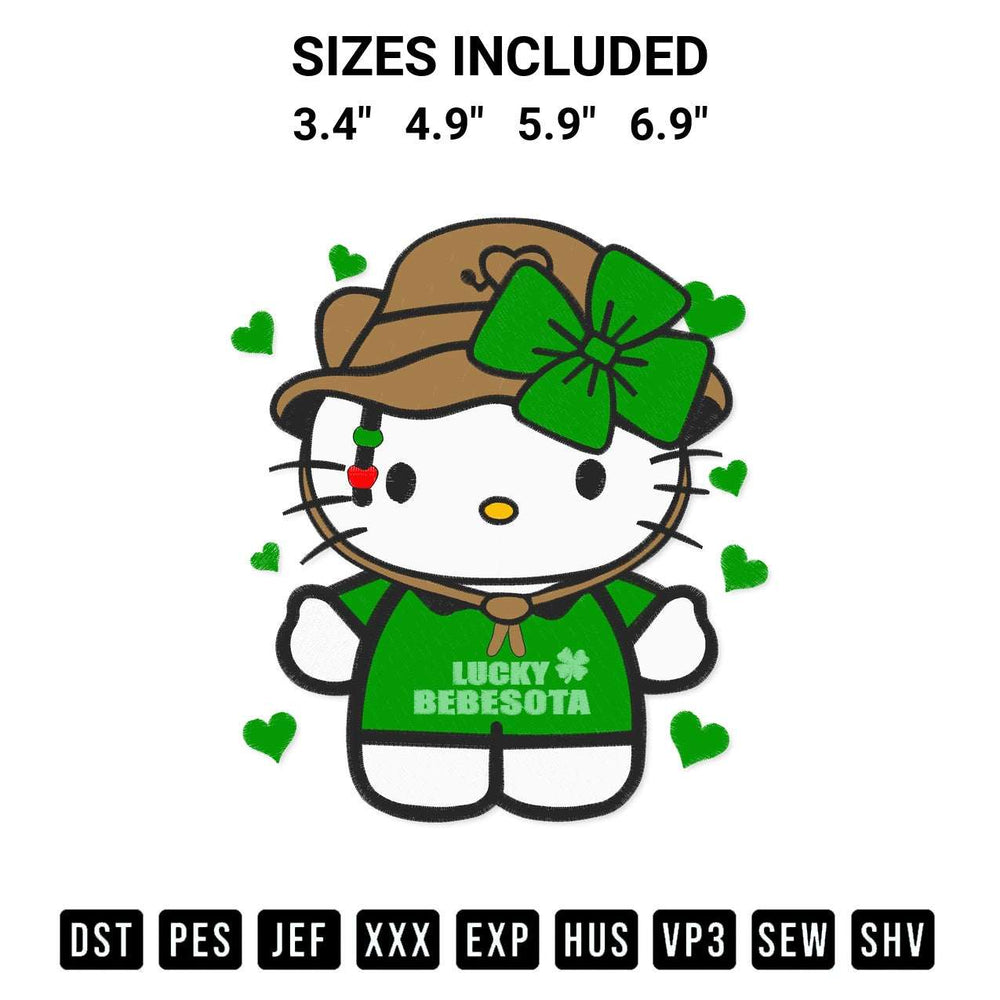 Discover the perfect addition to your crafting collection: Hello Kitty Lucky Bebesota Patricks Day Benito Bad Bunny St. Patricks Day Embroidery Design embroidery file. Instantly available at Designspacks.com. Available sizes: 3.4", 4.9", 5.9", 6.9".