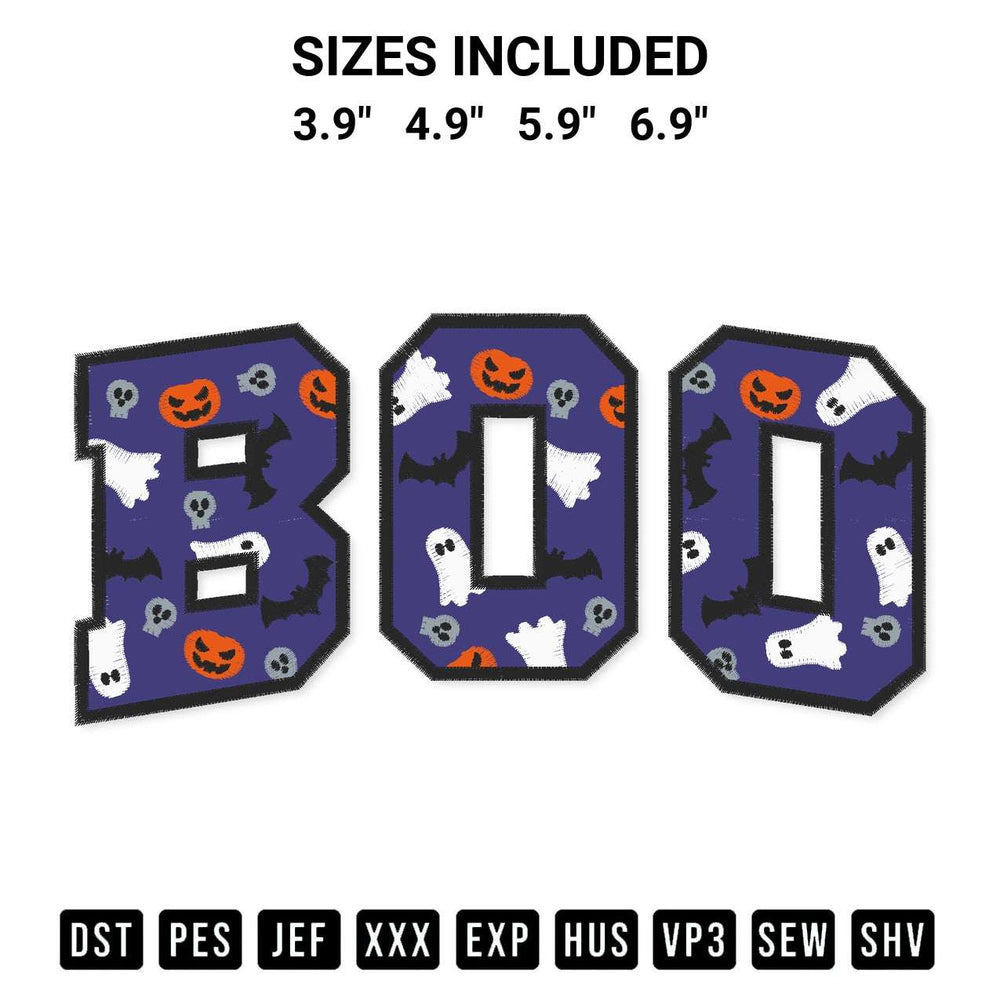 Stitch like a pro with the Boo Pumpkin Ghost Bat Embroidery Design embroidery pattern from Designspacks.com. High-quality digital machine embroidery file. Available sizes: 3.9", 4.9", 5.9", 6.9".