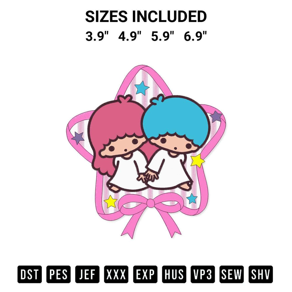 Shop the Little Twin Stars Kiki And Lala Embroidery Design machine embroidery pattern at Designspacks.com. Beautifully digitized for flawless stitching on any fabric. Available sizes: 3.9", 4.9", 5.9", 6.9".