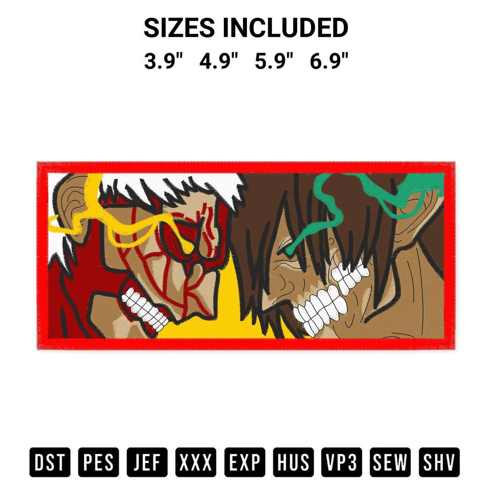 Transform your fabrics with the Eren Vs Reiner Attack On Titan Embroidery Design embroidery design. Instant access to premium digitized patterns at Designspacks.com. Available sizes: 3.9", 4.9", 5.9", 6.9".