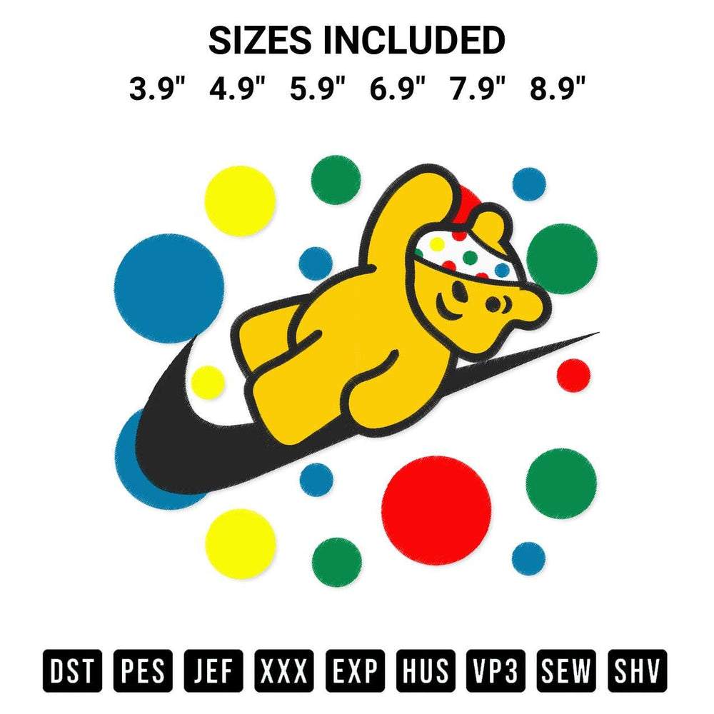 Transform your fabrics with the Swoosh Pudsey Bear Embroidery Design embroidery design. Instant access to premium digitized patterns at Designspacks.com. Available sizes: 3.9", 4.9", 5.9", 6.9", 7.9", 8.9".