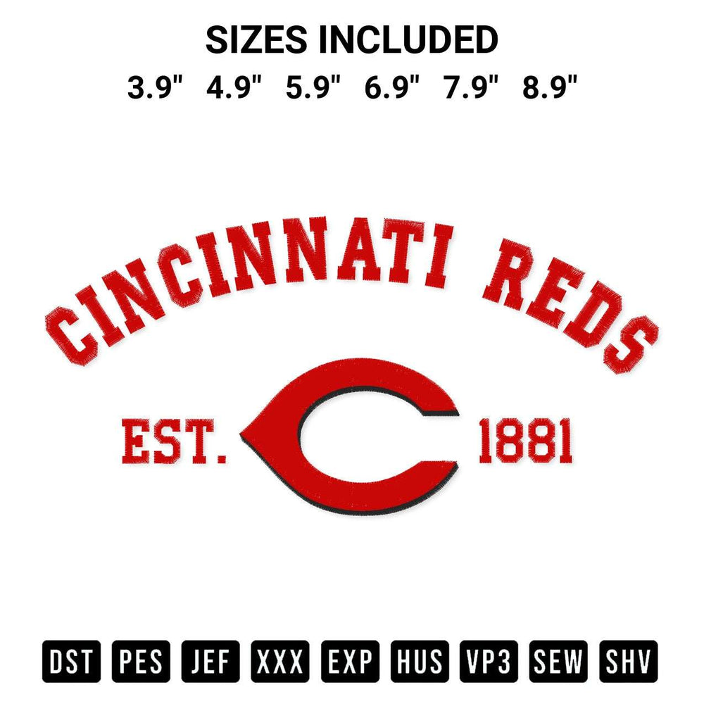 Get the Cincinnati Reds Est 1881 Embroidery Design embroidery design for your custom crafts! Premium digitized files available for instant download at Designspacks.com. Available sizes: 3.9", 4.9", 5.9", 6.9", 7.9", 8.9".