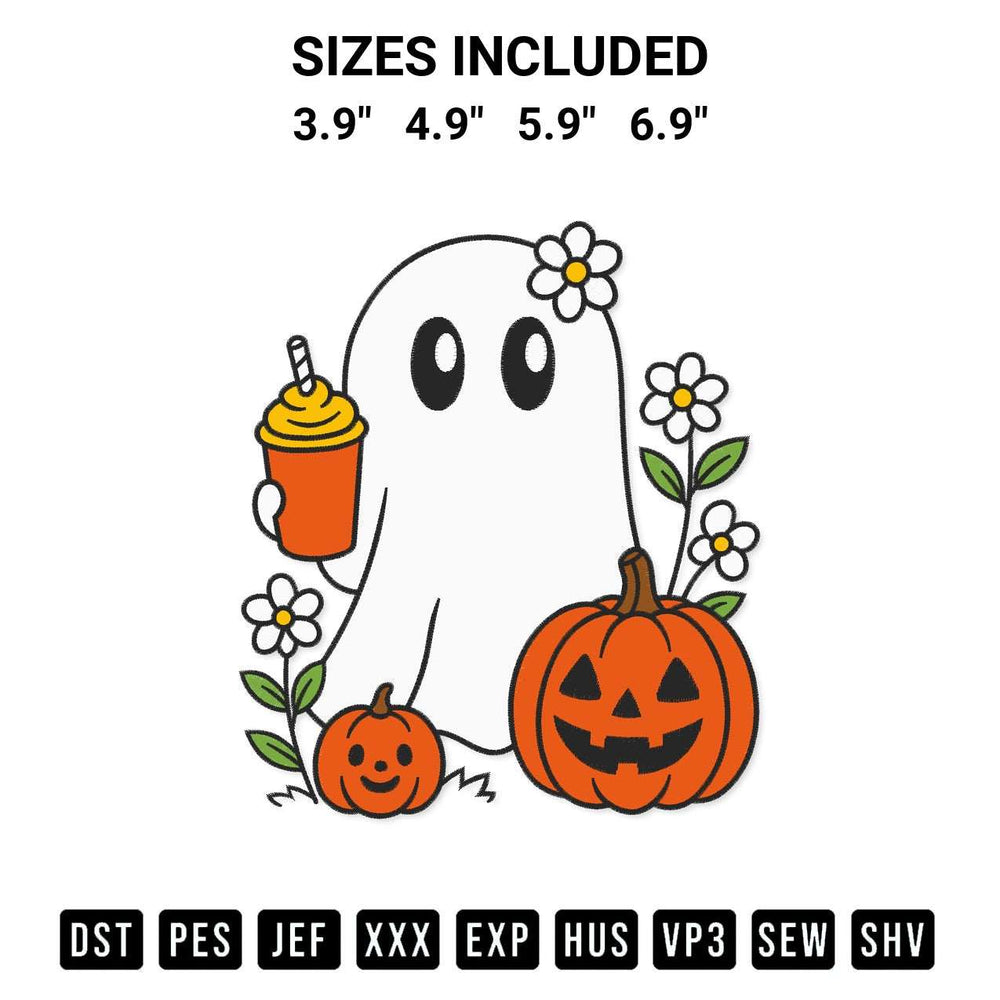 Download the Ghost With Pumpkins And Flowers Halloween Embroidery Design machine embroidery design exclusively at Designspacks.com. Premium digitized pattern for apparel and DIY crafts. Available sizes: 3.9", 4.9", 5.9", 6.9".