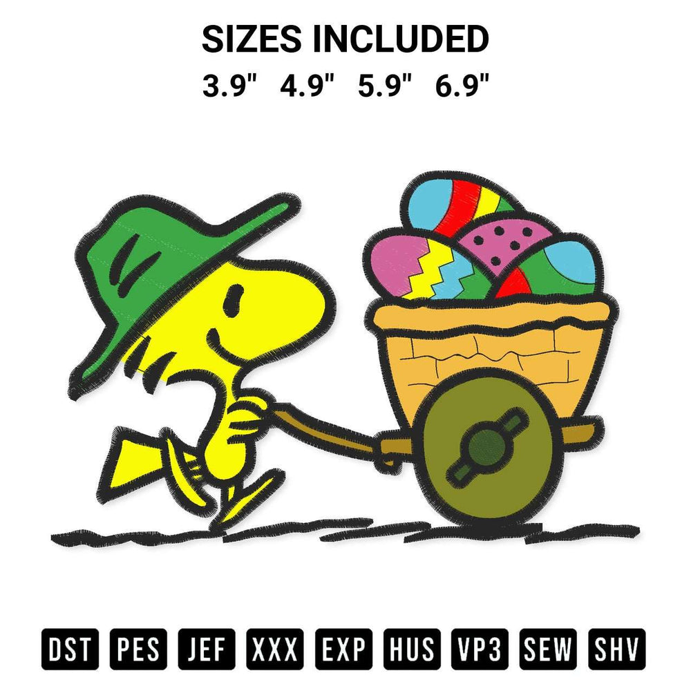 Download the Peanuts Woodstock Easter Wagon Embroidery Design machine embroidery design exclusively at Designspacks.com. Premium digitized pattern for apparel and DIY crafts. Available sizes: 3.9", 4.9", 5.9", 6.9".