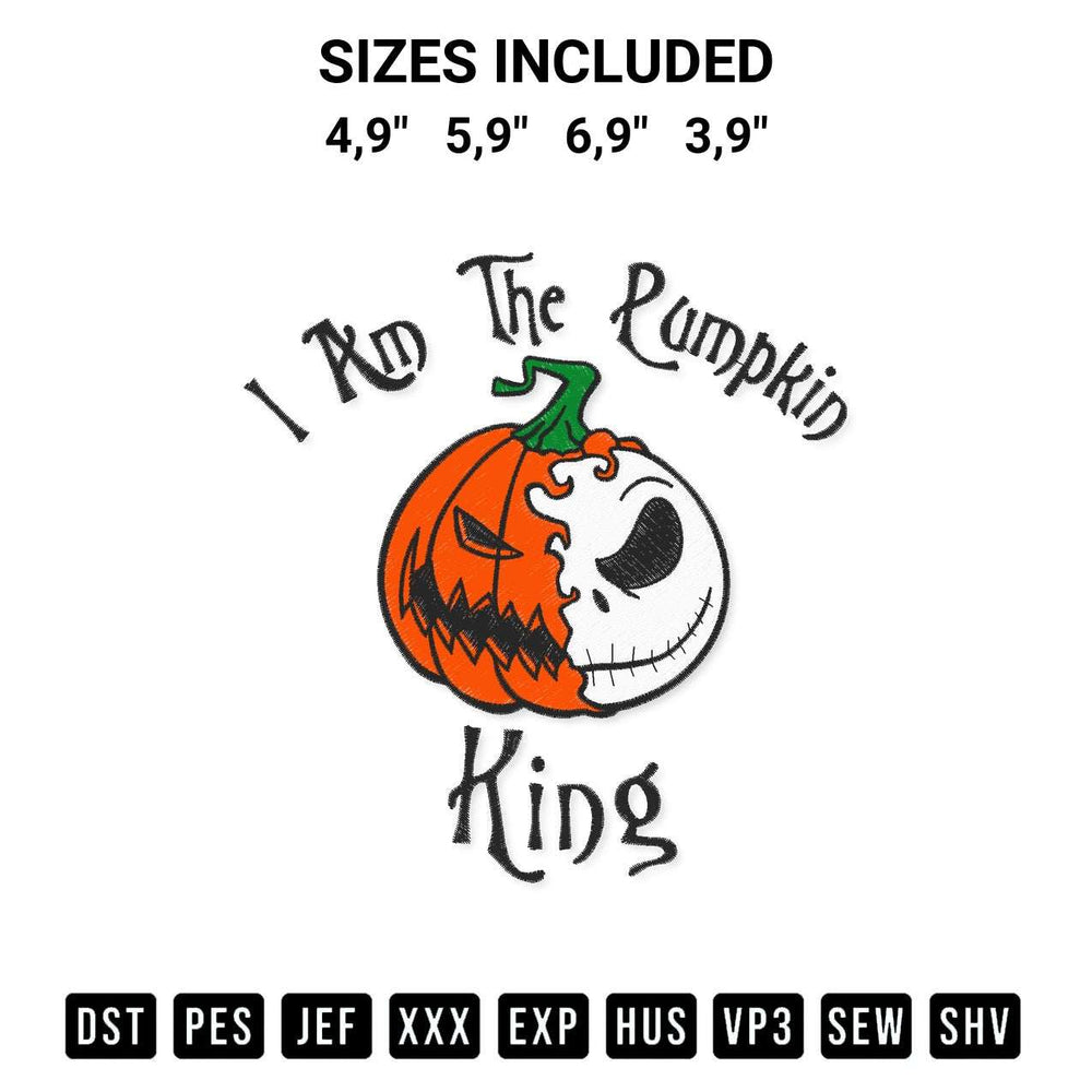 Add a unique touch to your apparel with the I Am The Pumpkin King Jack Skellington Funny Pumpkin Monster Halloween Logo Embroidery Design embroidery file. Premium instant download available now on Designspacks.com. Available sizes: 4,9", 5,9", 6,9", 3,9".