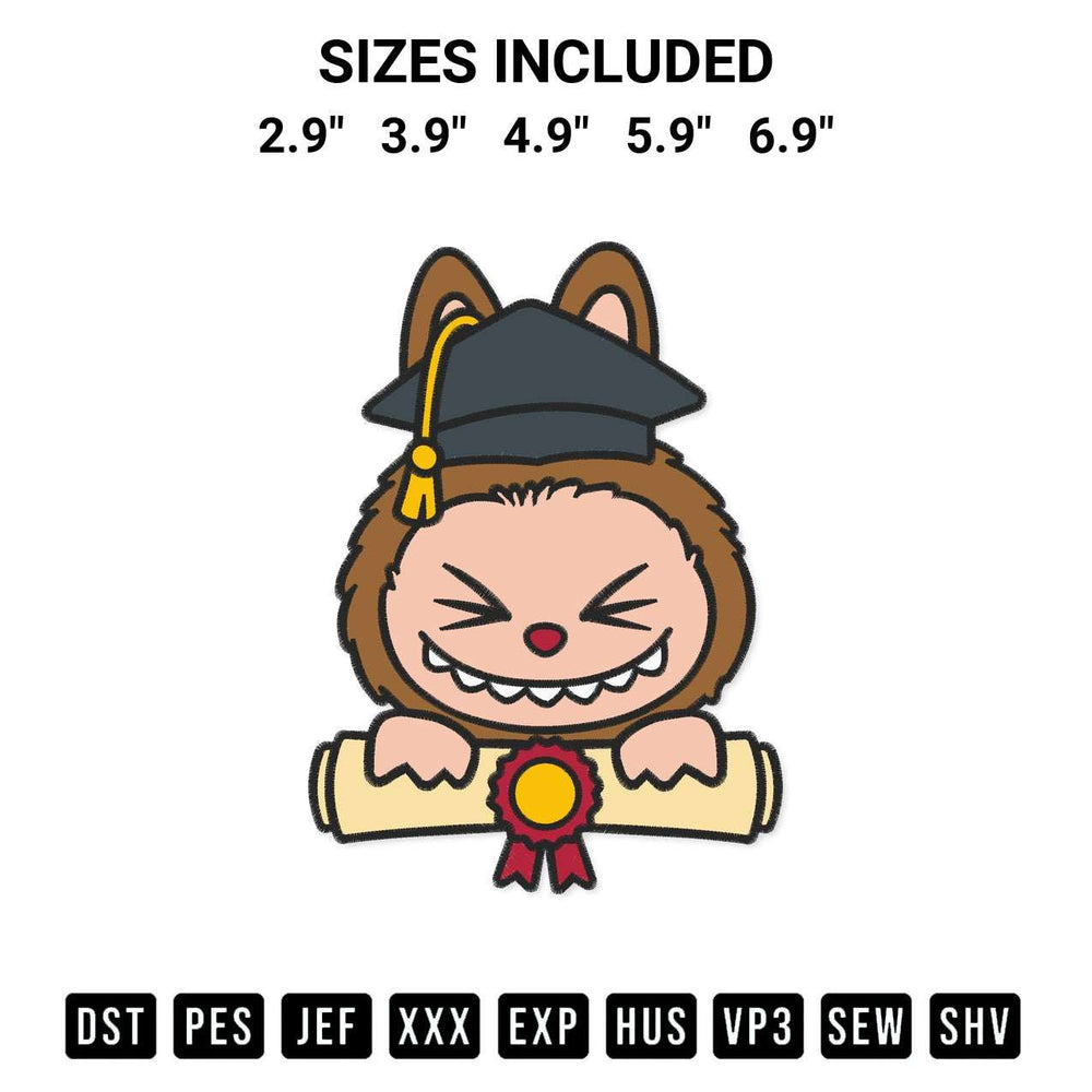 Looking for the perfect pattern? Download the Labubu Graduate Embroidery Design embroidery design today at Designspacks.com. Crisp, clean stitching guaranteed. Available sizes: 2.9", 3.9", 4.9", 5.9", 6.9".