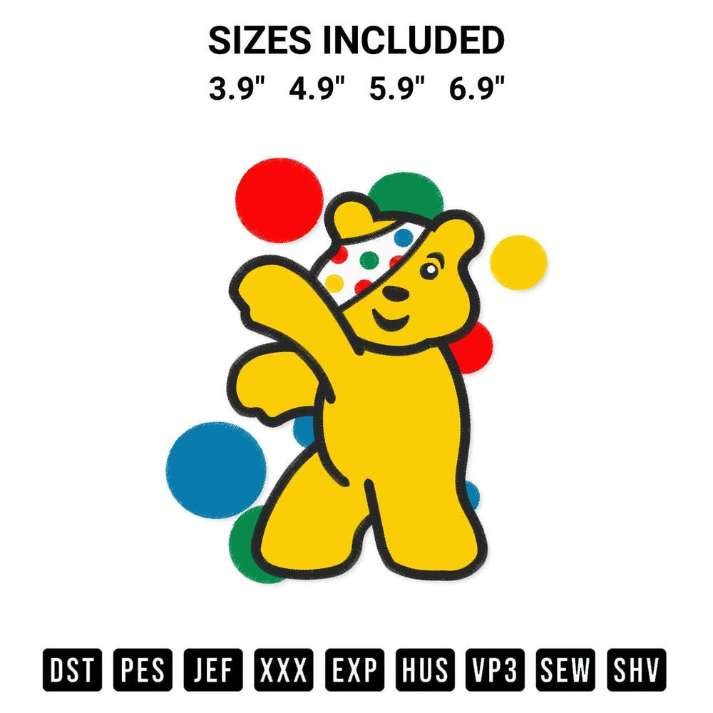 Elevate your next project with our Spotty Cuddling Pudsey Bear Embroidery Design embroidery file. Shop high-quality digital patterns instantly at Designspacks.com. Available sizes: 3.9", 4.9", 5.9", 6.9".