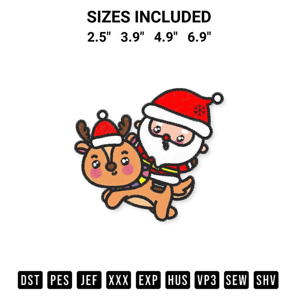 Shop the Cute Santa And Reindeer Christmas Embroidery Design machine embroidery pattern at Designspacks.com. Beautifully digitized for flawless stitching on any fabric. Available sizes: 2.5", 3.9", 4.9", 6.9".