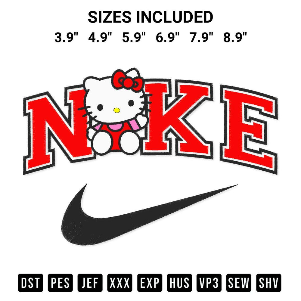 Add a unique touch to your apparel with the Cute Hello Kitty Nike Embroidery Design embroidery file. Premium instant download available now on Designspacks.com. Available sizes: 3.9", 4.9", 5.9", 6.9", 7.9", 8.9".