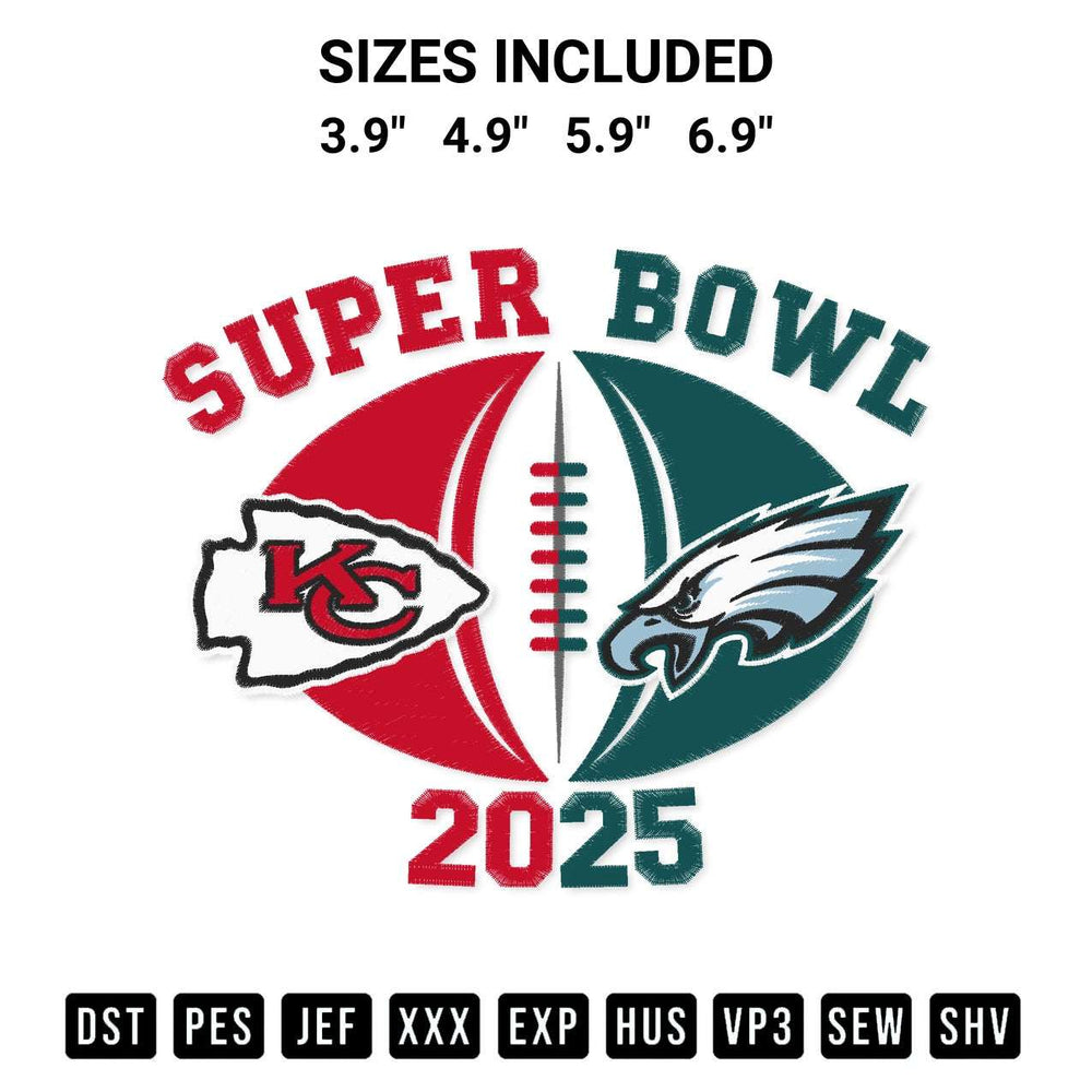 Looking for the perfect pattern? Download the Super Bowl 2025 Chiefs Vs Eagles Embroidery Design embroidery design today at Designspacks.com. Crisp, clean stitching guaranteed. Available sizes: 3.9", 4.9", 5.9", 6.9".