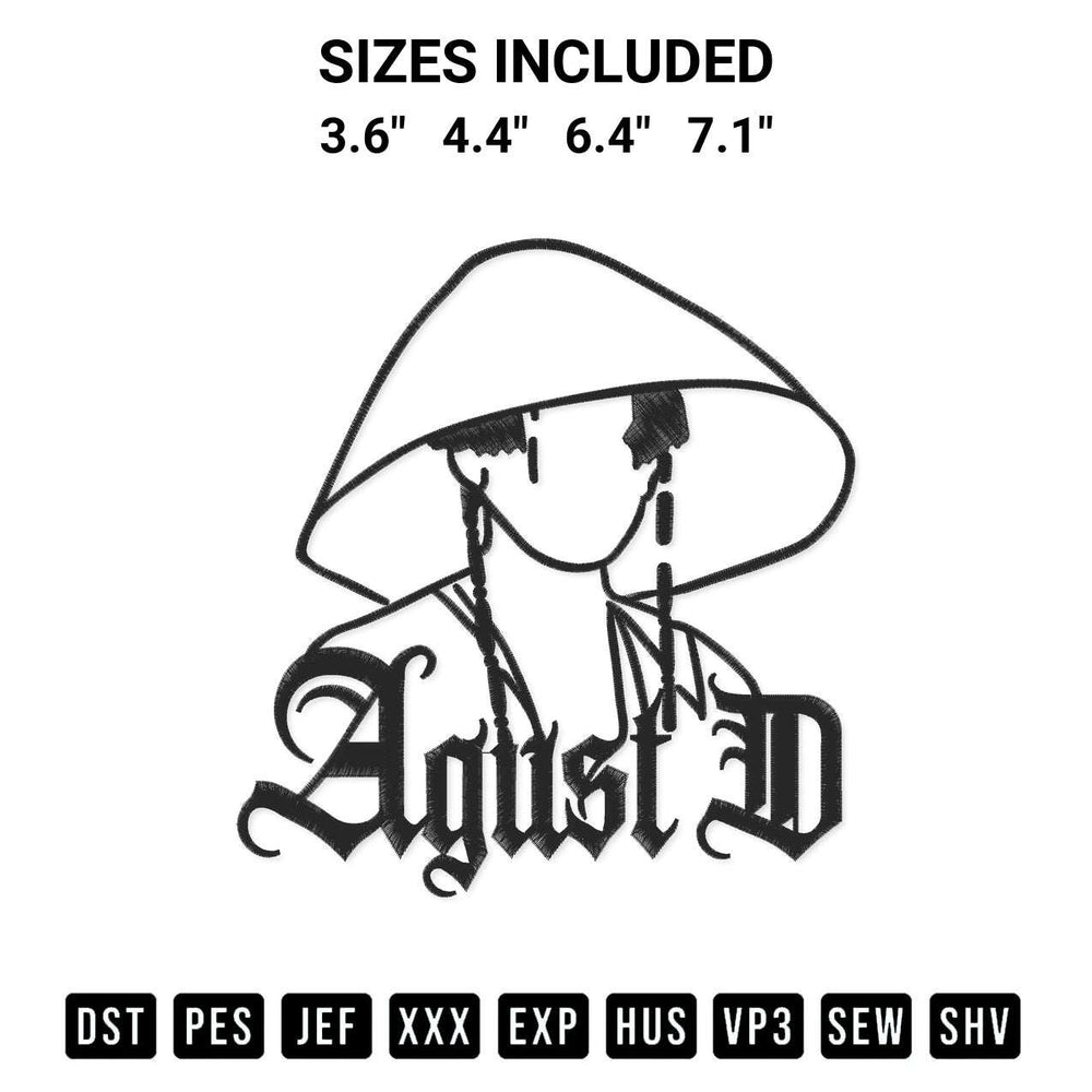 Add a unique touch to your apparel with the Agust D World Tour Embroidery Design embroidery file. Premium instant download available now on Designspacks.com. Available sizes: 3.6", 4.4", 6.4", 7.1".