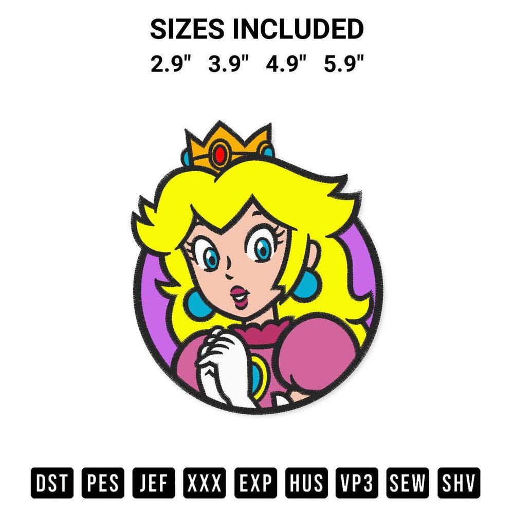 Elevate your next project with our Princess Peach Circle Embroidery Design embroidery file. Shop high-quality digital patterns instantly at Designspacks.com. Available sizes: 2.9", 3.9", 4.9", 5.9".