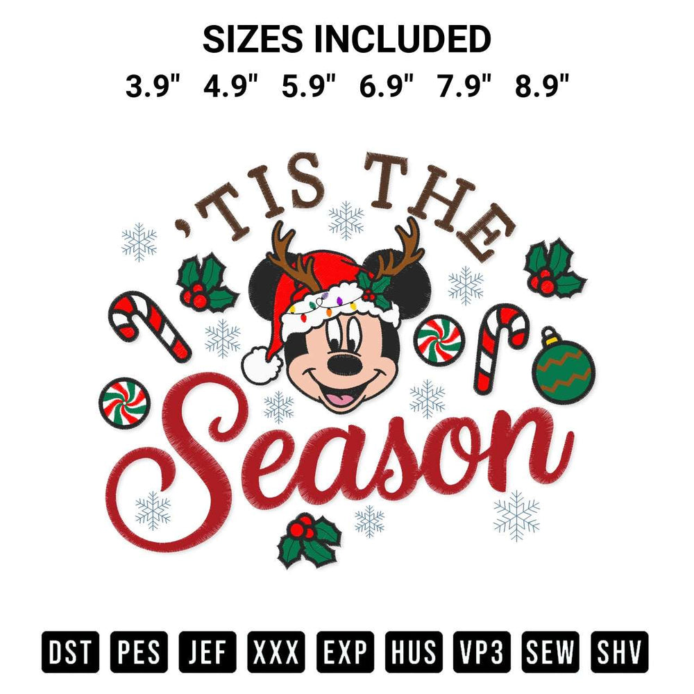 Add a unique touch to your apparel with the Mickey Face Tis The Season Christmas Embroidery Design embroidery file. Premium instant download available now on Designspacks.com. Available sizes: 3.9", 4.9", 5.9", 6.9", 7.9", 8.9".