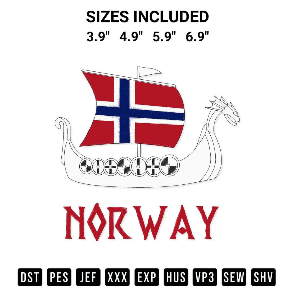 Download the Norway Viking Ship Embroidery Design machine embroidery design exclusively at Designspacks.com. Premium digitized pattern for apparel and DIY crafts. Available sizes: 3.9", 4.9", 5.9", 6.9".