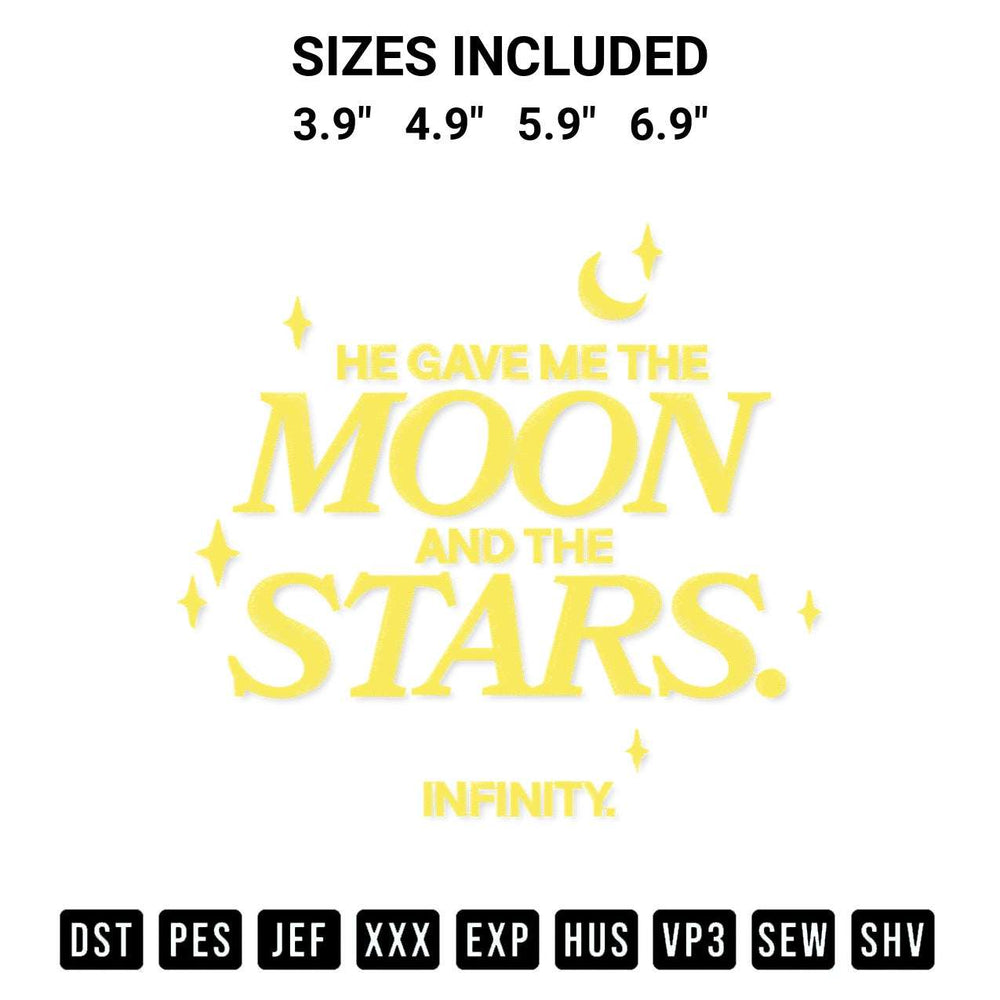 Looking for the perfect pattern? Download the Moon And Stars Infinity Embroidery Design embroidery design today at Designspacks.com. Crisp, clean stitching guaranteed. Available sizes: 3.9", 4.9", 5.9", 6.9".