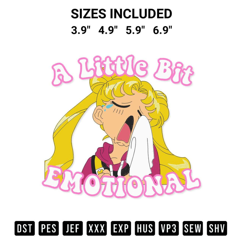 Looking for the perfect pattern? Download the Sailor Moon A Little Bit Emotional Embroidery Design embroidery design today at Designspacks.com. Crisp, clean stitching guaranteed. Available sizes: 3.9", 4.9", 5.9", 6.9".
