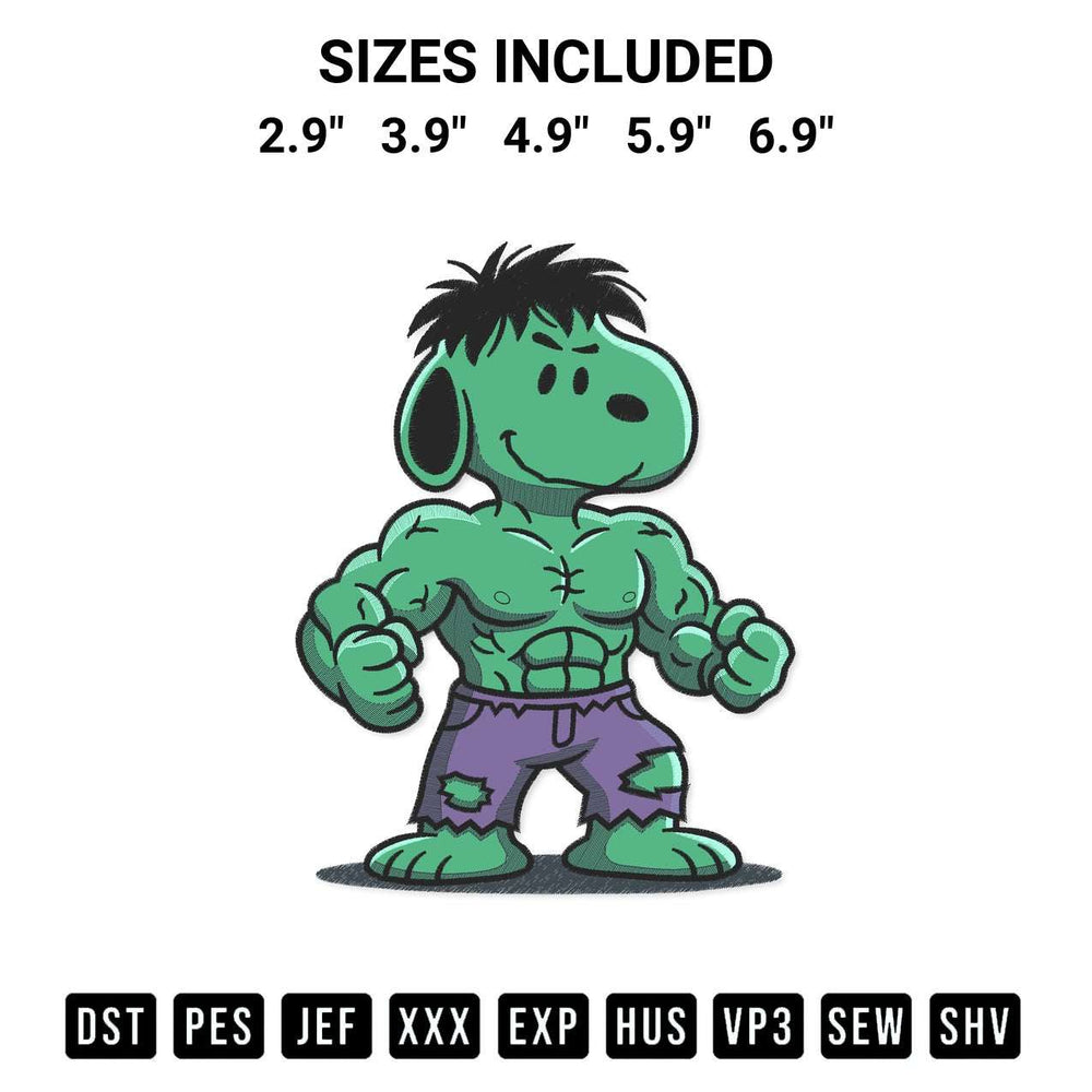 Transform your fabrics with the Snoopy As Hulk Embroidery Design embroidery design. Instant access to premium digitized patterns at Designspacks.com. Available sizes: 2.9", 3.9", 4.9", 5.9", 6.9".