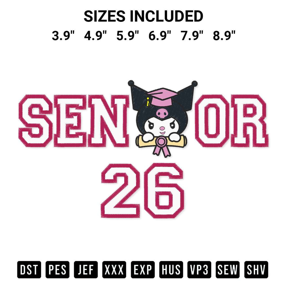 Create amazing crafts with the Senior Kuromi 26 Embroidery Design embroidery file. High-quality digital download from Designspacks.com, perfect for beginners and pros. Available sizes: 3.9", 4.9", 5.9", 6.9", 7.9", 8.9".